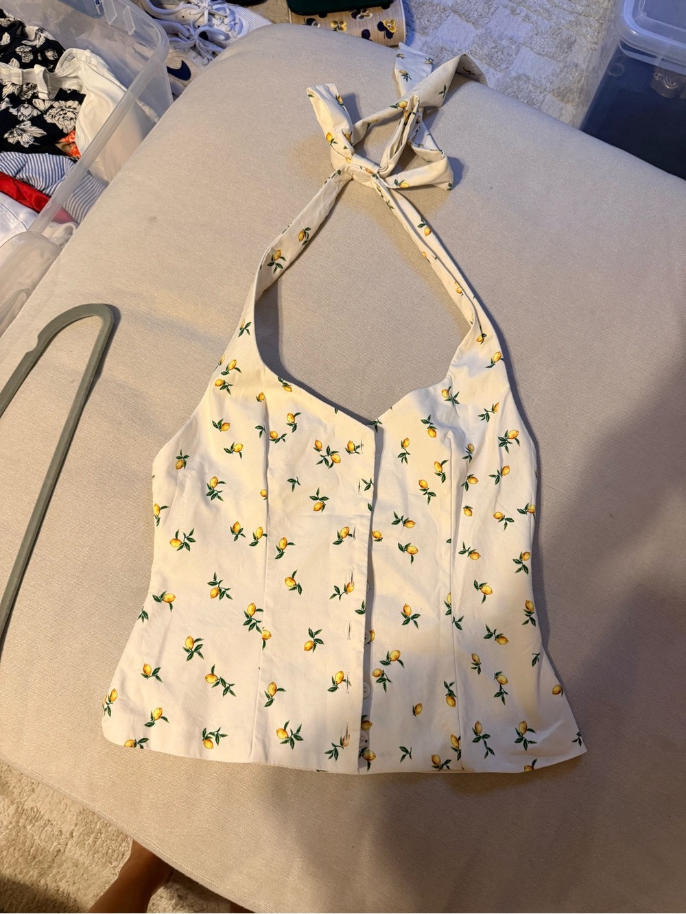 Zara Cream Halter Top with Yellow Lemon Print